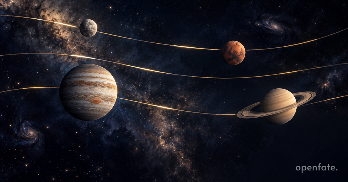 水星、火星、木星与土星沿金色线条排列，象征行星时间区间的插画。
