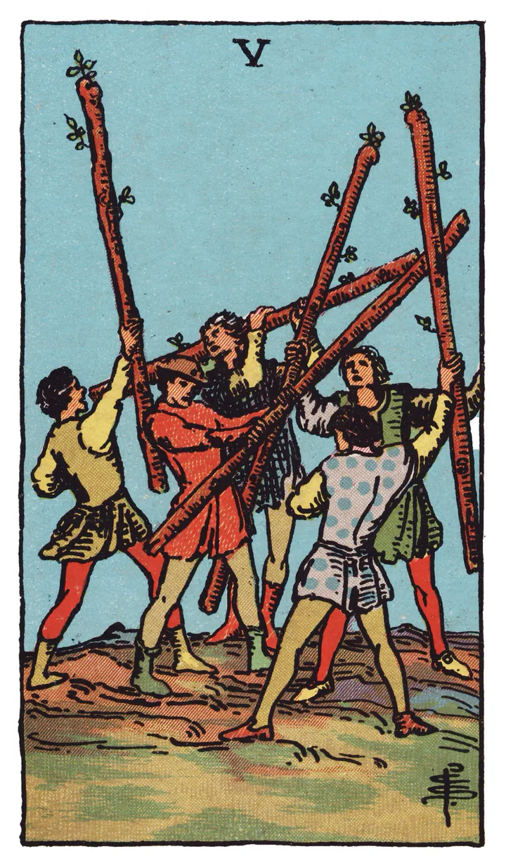 Five of Wands: Five youths cross their raised staves in an unruly contest.