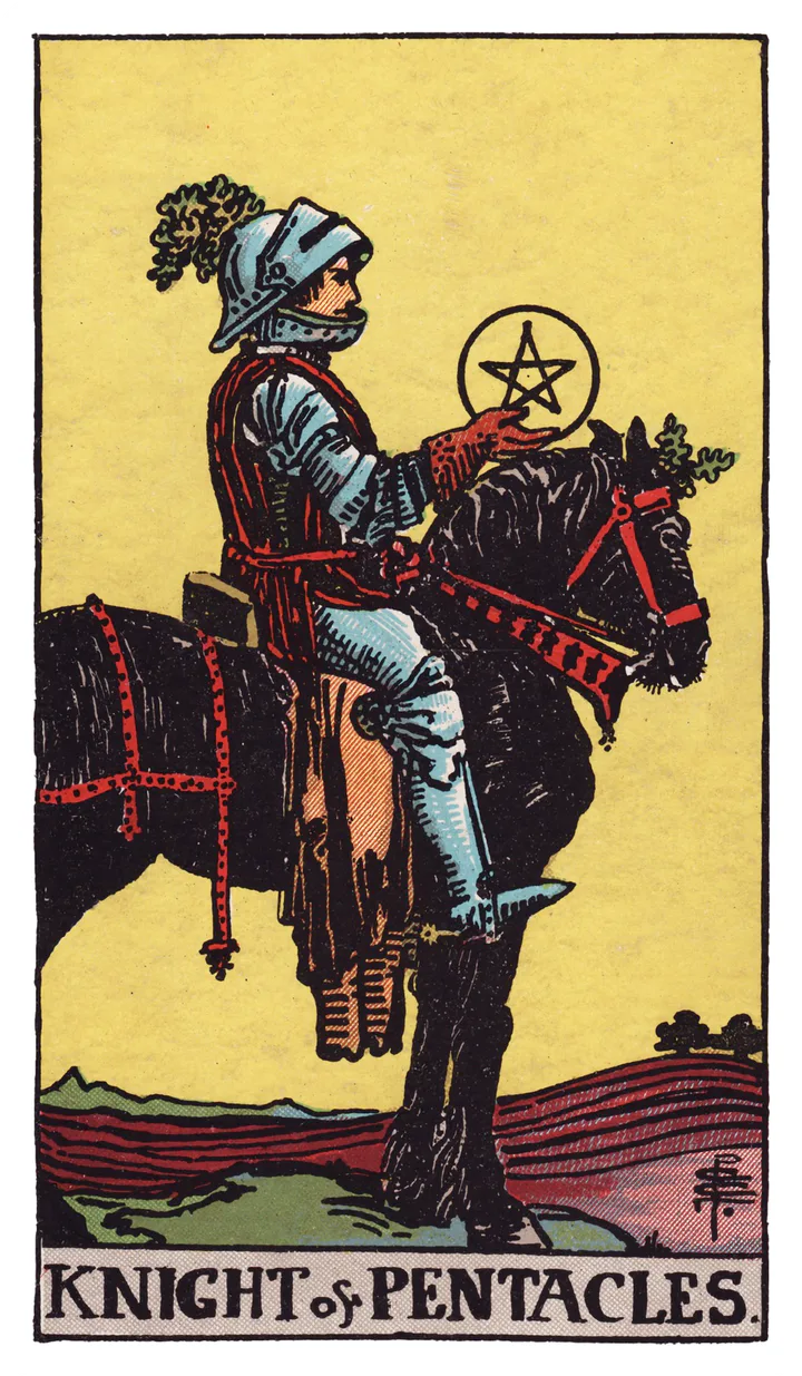 Knight of Pentacles: A knight sits on a still horse holding a pentacle above a carefully ploughed field.