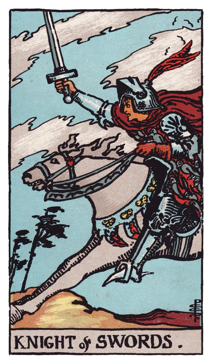 Knight of Swords: An armoured knight charges forward with a raised sword as trees and clouds bend in the wind.