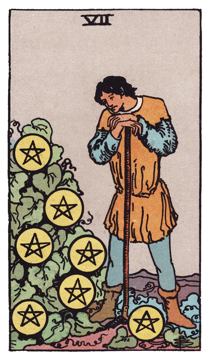 Seven of Pentacles: A worker leans on a hoe and studies seven pentacles growing on a leafy vine.