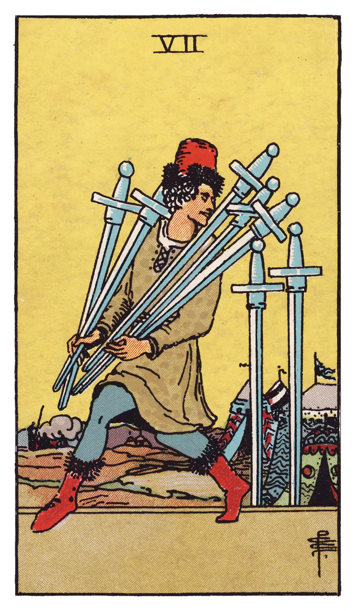 Seven of Swords: A figure carries five swords away from a camp while glancing back at two left behind.