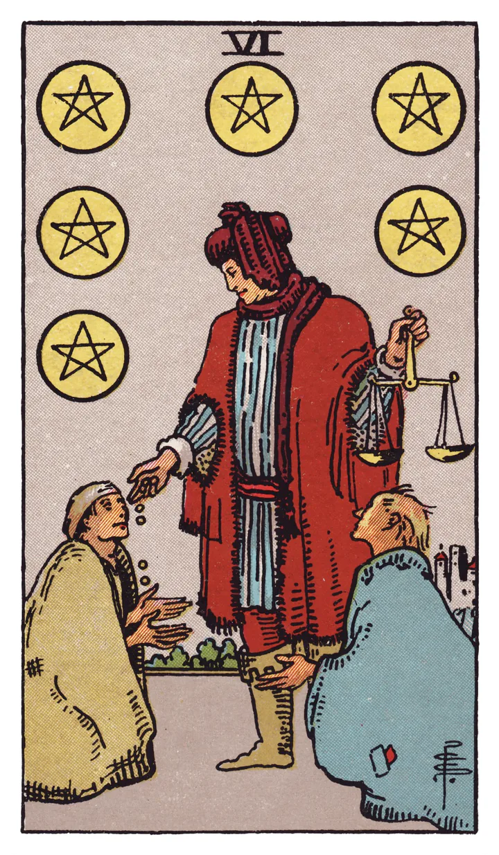 Six of Pentacles: A merchant holds scales and gives coins to one of two kneeling people beneath six pentacles.