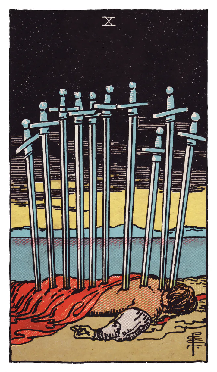 Ten of Swords: A prone figure is pierced by ten swords while dawn breaks over still water.