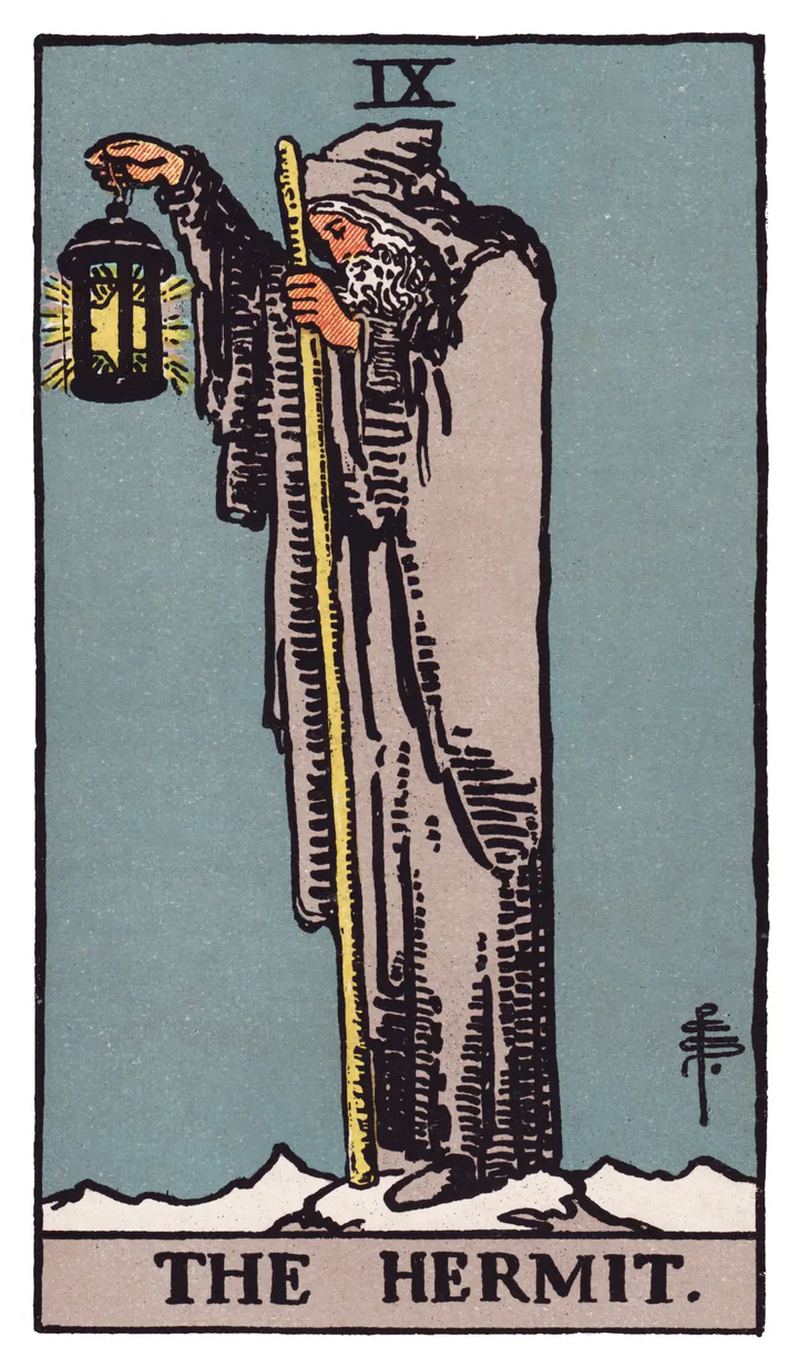 The Hermit: A cloaked elder stands alone on a mountain holding a lantern and staff.