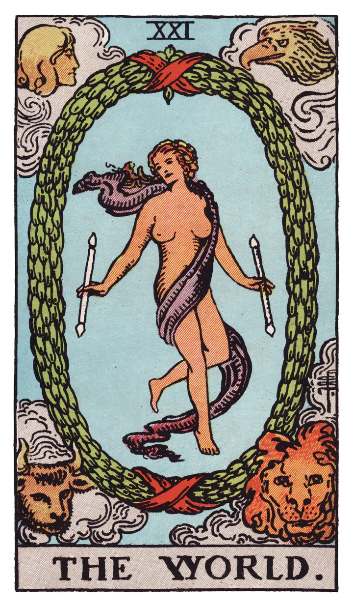 世界：舞者立于椭圆花环中，四角有四个带翼生物。