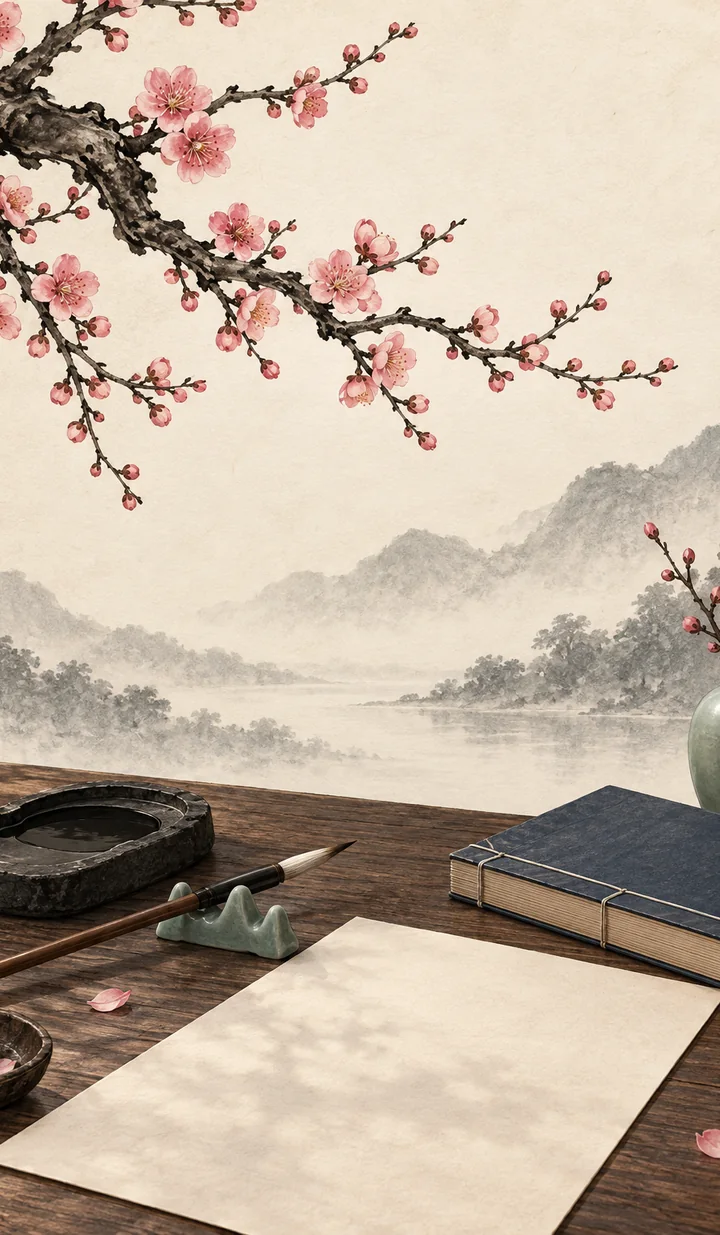 梅花枝映襯空白書案的水墨插畫，用於梅花易數指南